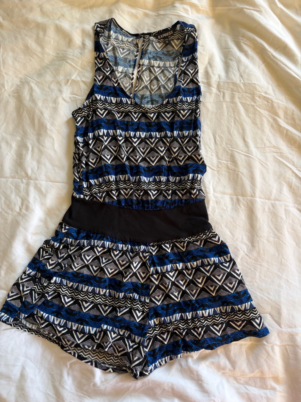 Express Black & Blue Geometric Sleeveless Romper